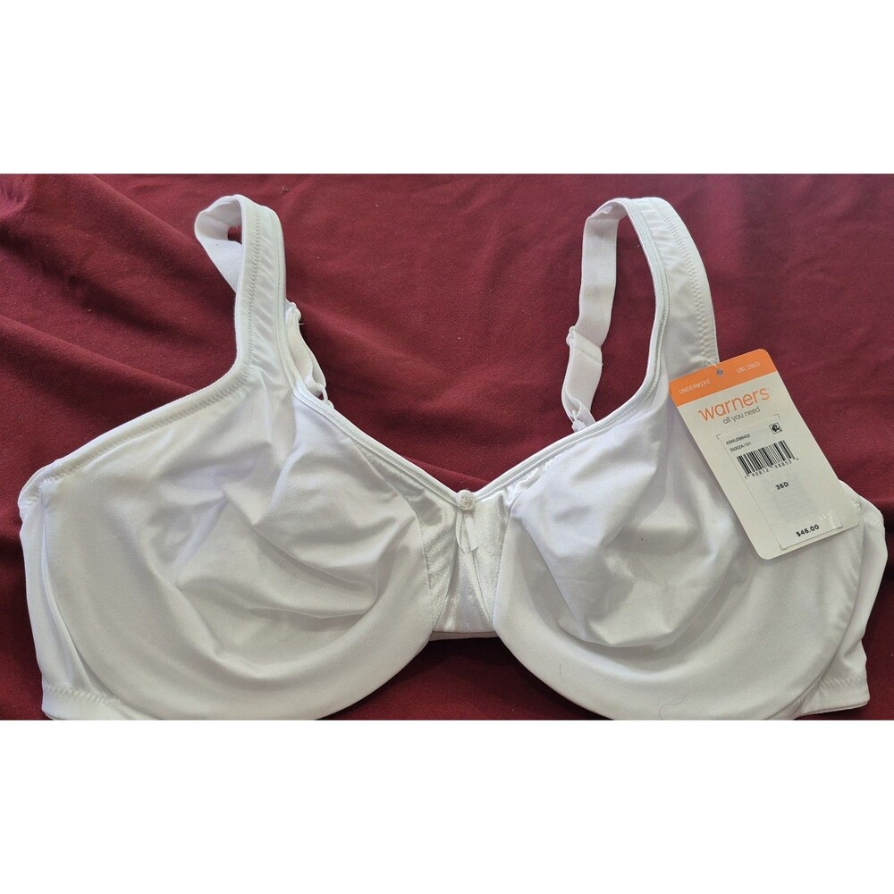 NWT Warners 36D Bra Bright White Underwire UnLined Full Coverage New